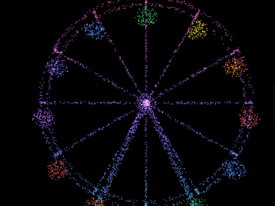 A ferris wheel with rainbow gondolas